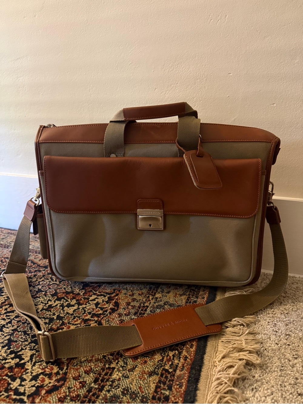 Cutter & Buck Olive Canvas Laptop Briefcase with Brown Leather Trim